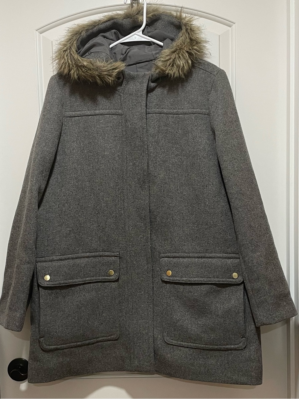 J. Crew Mercantile Gray Wool-Blend Faux Fur Hooded Pea Coat Womens Size 18 - Picture 3 of 14